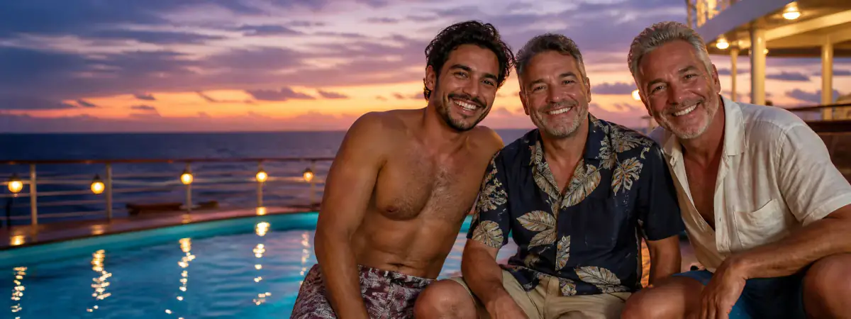 Three gay friends relaxing by a cruise ship pool at sunset